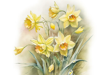 Watercolor illustration with yellow daffodils on a white background. Spring illustration. Generative AI