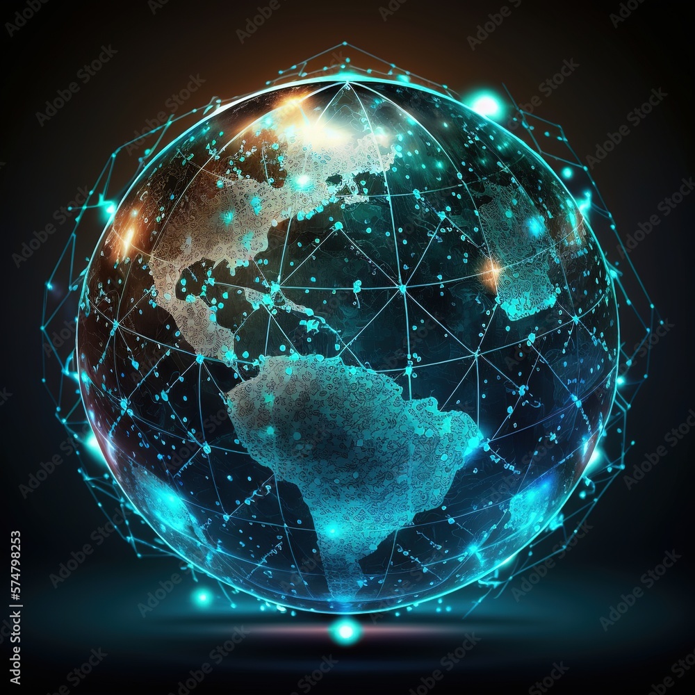 Poster global network technology in futuristic style with hologram earth globe, generative ai