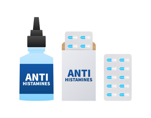 Antihistamine Tablets, pills and drops. Anti allergy medicine. Vector stock illustration.