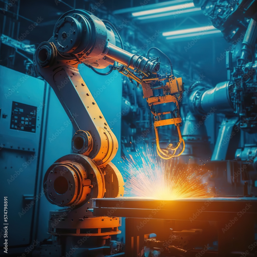 Poster automated arms and robotic welding machines in intelligent automotive and industrial factories can b