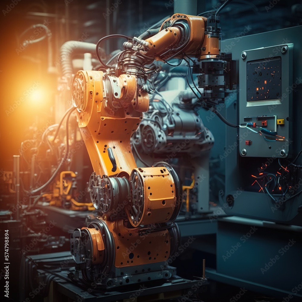 Poster automated arms and robotic welding machines in intelligent automotive and industrial factories can b