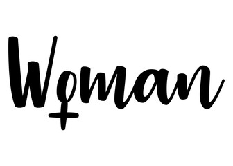 Logo feminista. Letras palabra Woman en texto manuscrito con símbolo femenino en lugar de letra o - obrazy, fototapety, plakaty