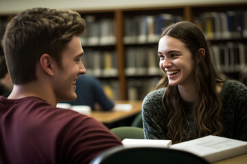 Two students study together in the library, studying with a smile, photorealistic illustration