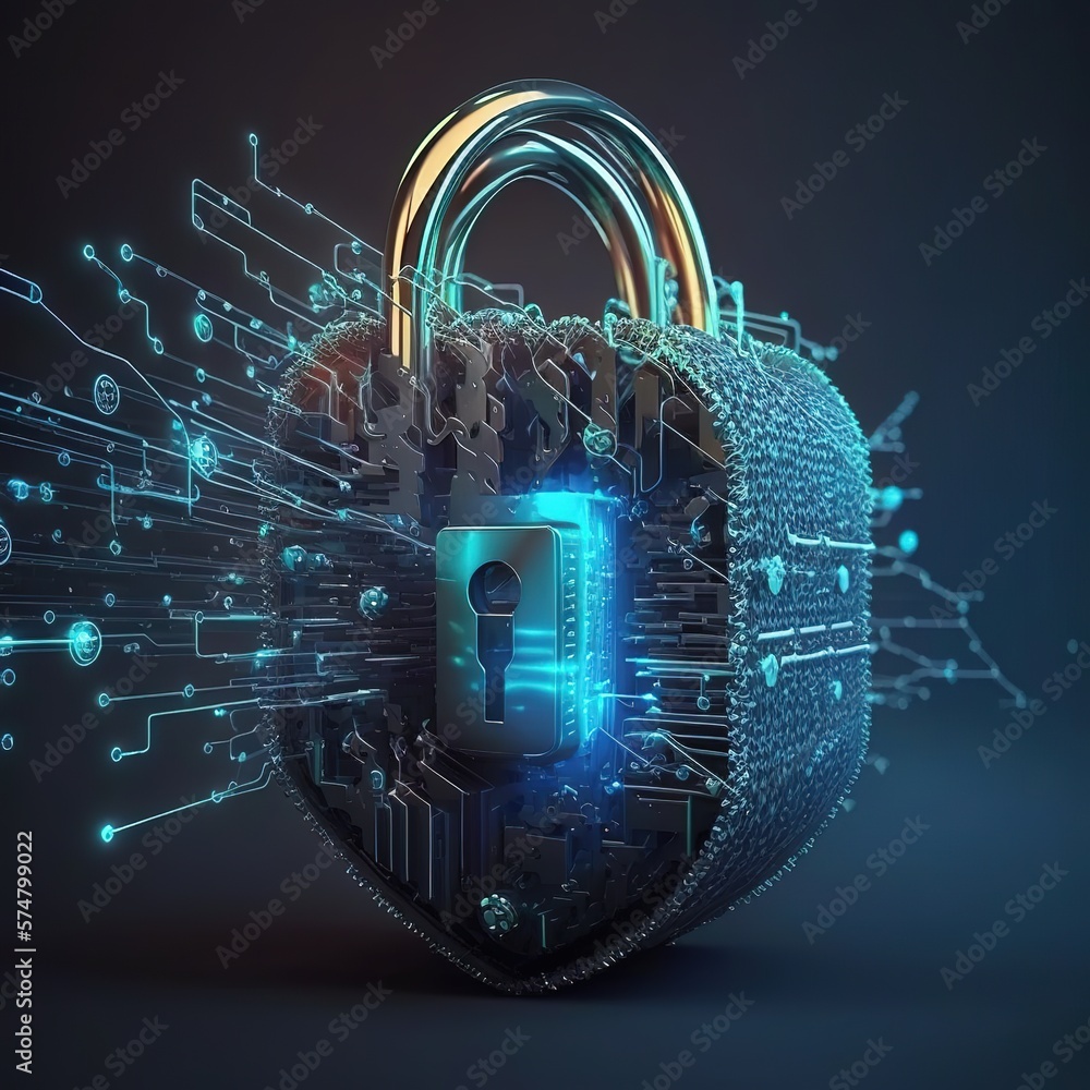 Poster data security and protection using a digital glowing padlock on a computer screen in an abstract hal