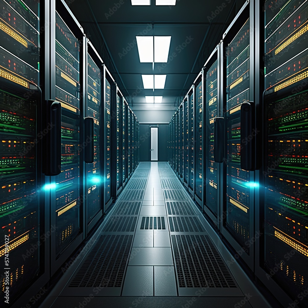 Poster corridor in working data center full of rack servers and supercomputers with cloud storage, generati