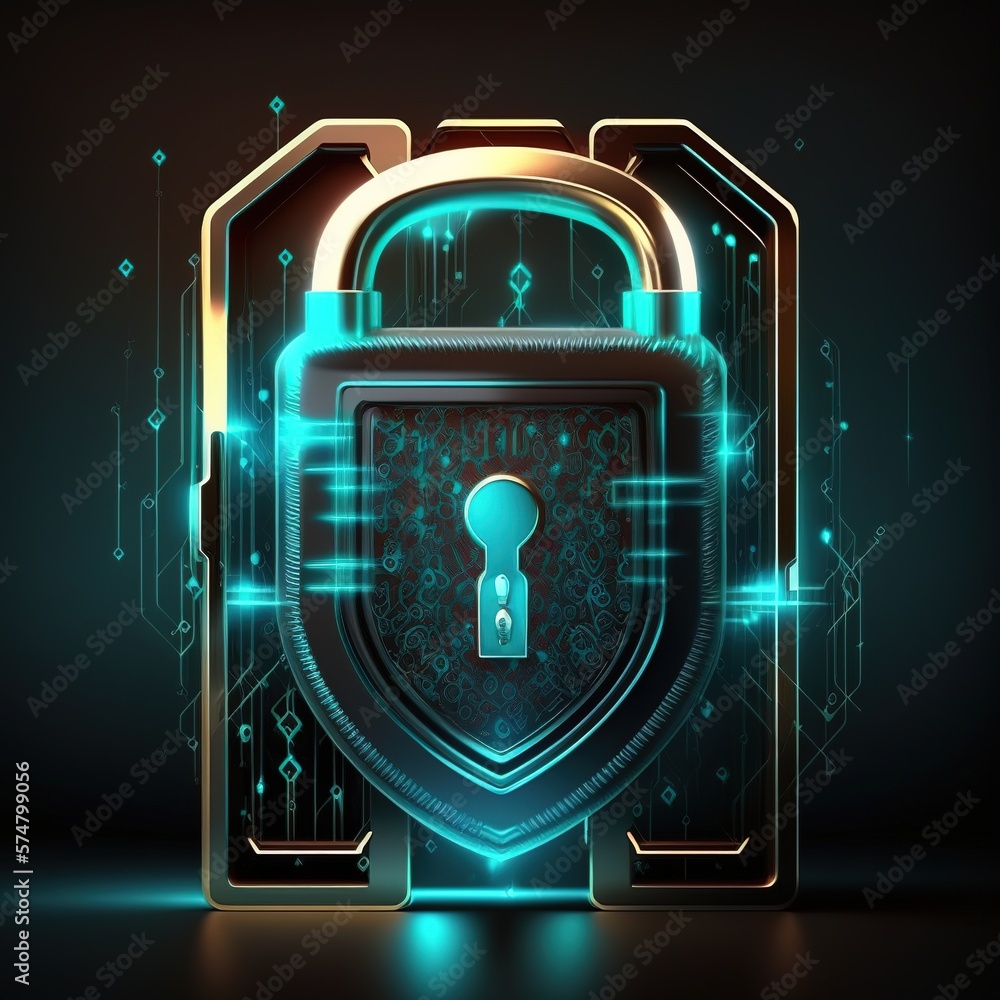 Poster cyber security and data protection. padlock protecting business data with virtual network connection