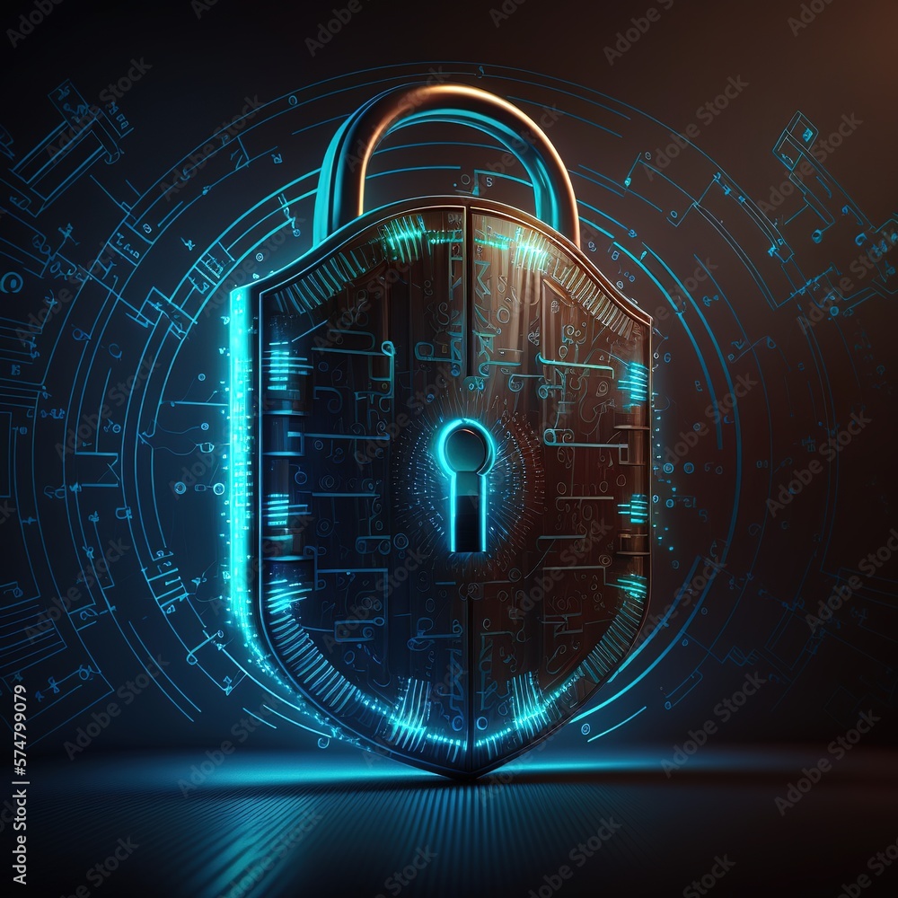 Poster data security and protection using a digital glowing padlock on a computer screen in an abstract hal