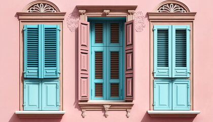 Window wooden shutters on pastel pink color painted wall background. Blue pale european style closed windows with ornamental frame on apartment building facade generative ai