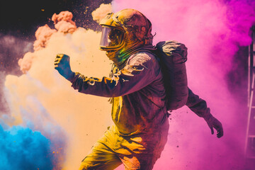 Obraz na płótnie Canvas Happy rhythmically dancing astronaut at festival, life is full of bright colors, multicolored powder paint, ai generated