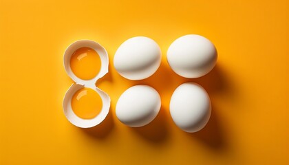 White eggs and broken egg with yolk on yellow background the yellow background. top view. Generative AI