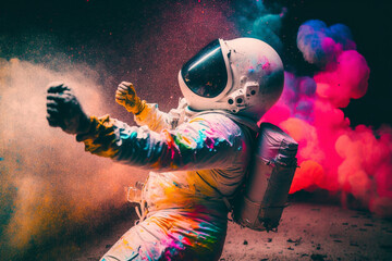 Happy rhythmically astronaut dancing surrounded by colorful powdered paint, because life is one and it is full of bright colors. multi-colored paints. created with ai	
