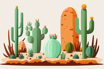 Illustration of cactus garden in desert