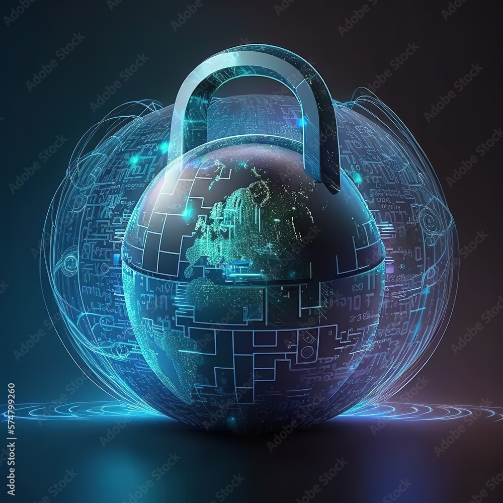 Sticker Cyber security and data protection. padlock protecting business data with virtual network connection, generative ai  