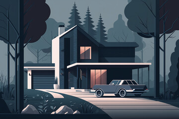 Modern house with car at night
