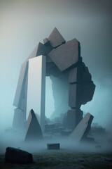 misty fog and old ruins background for cosmetic products, mock up pedestal. AI generation.