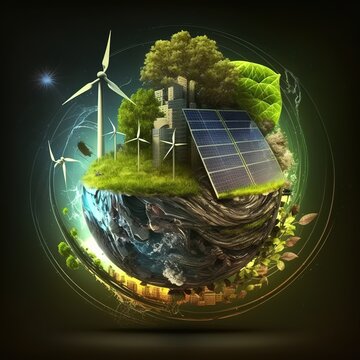 Environmental protection. solar panel and wind turbine. generative ai