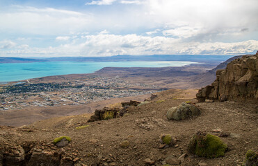 Panoramic view of the city of El Calafate and Lake Argentino. Top view