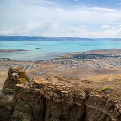 Panoramic view of the city of El Calafate and Lake Argentino. Top view