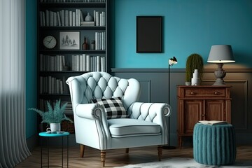 Living room with a comfy plaid-covered white leather armchair, a three-sided wooden coffee table, a floor lamp, and a bookshelf against the cyan wall. Generative AI