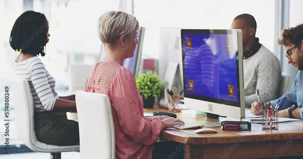 Aufkleber Chroma key, tracking markers and a blue screen being worked on by a busy engineering team in a modern office. Serious creative team collaborating on a new software technology design, coding together