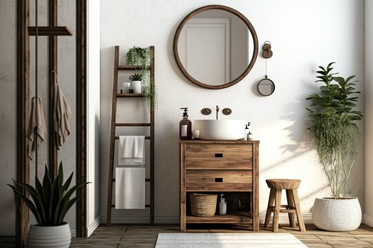 A residential bathroom with a wooden sink cabinet, a round mirror, and ladder shelves for bathroom goods. Generative AI