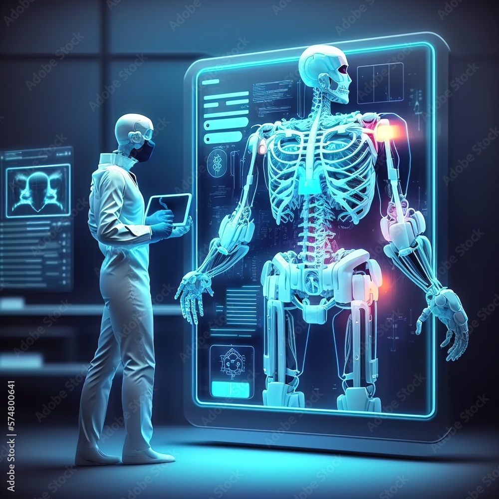 Aufkleber medical robotics technology. robot hand touching medical block chain service network connection. art