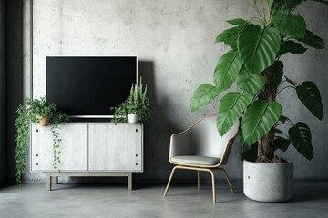 On the background of a concrete wall is a concrete cabinet TV in a contemporary living room with a chair and a plant. Generative AI