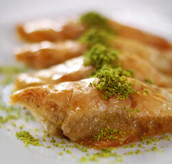 Baklava with Cream (Şöbiyet) with Pistachio Close Up