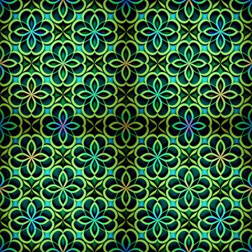 Shamrock Symbol Pattern Background for repeat duplicates with flips mirror. Wallpaper of Lucky Four Leaf Pattern mirrored repeat for background. Generative AI.