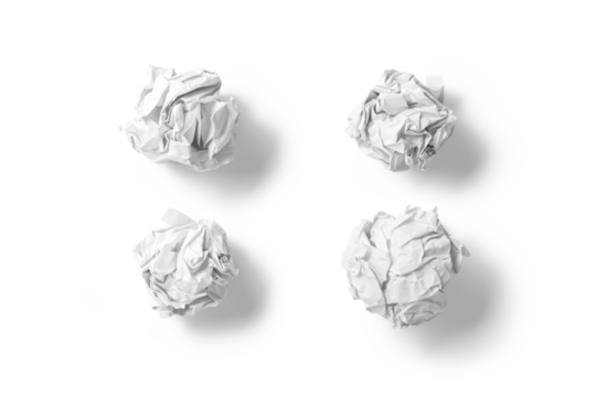 White crumpled paper balls isolated on a transparent background, PNG. High resolution.