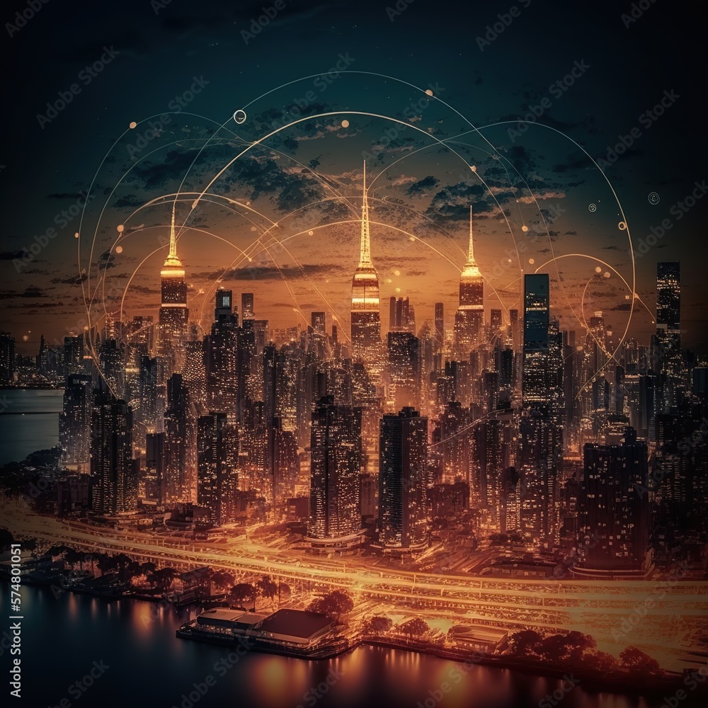 Poster smart city and abstract line, dot connect with line design, big data connection technology, generati