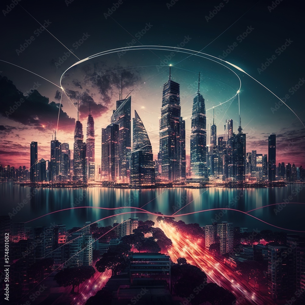 Poster technology connecting, smart cities connect with the aesthetic and line complex wave line design and