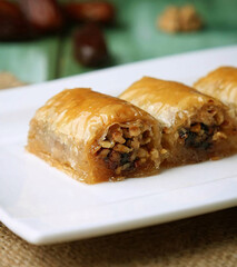 Baklava Roll with Walnut Traditional Turkish Dessert Close Up