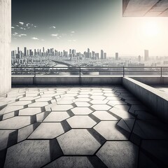 View from above of a barren concrete floor with a city skyline, generative ai