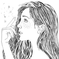 Girl putting on a lens. Hand drawn vector illustration in doodle style. Anxiety Relief Coloring Book for Adults.