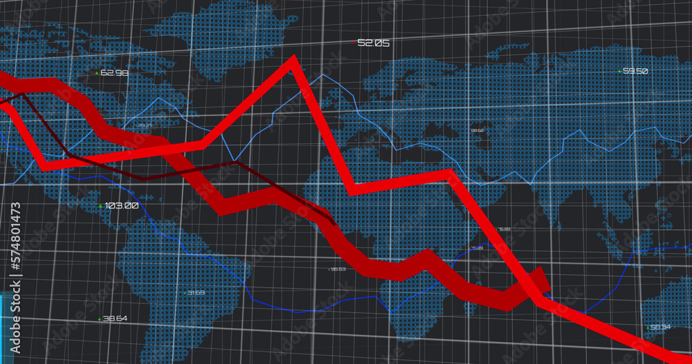 Poster image of red and blue graphs forming with a grid over a world map with changing numbers floating dig
