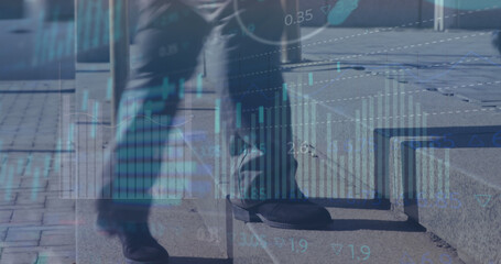 Image of financial data processing over people walking on street