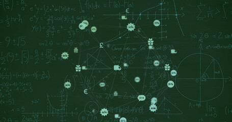 Image of network of connections with icons over mathematical equations on black background