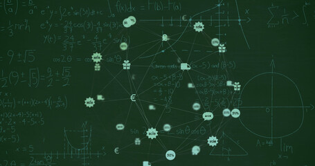 Image of network of connections with icons over mathematical equations on black background