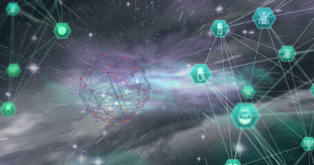 Image of interface with medical icons network of connections spinning over universe