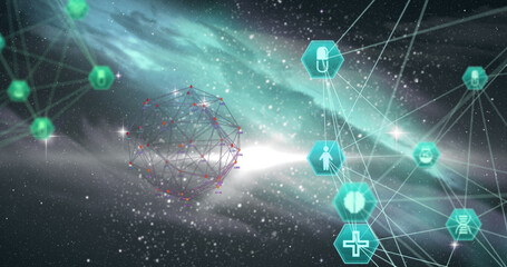 Image of interface with medical icons network of connections spinning over universe