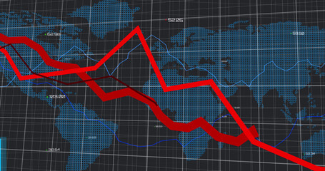 Image of red and blue graphs forming with a grid over a world map with changing numbers floating dig