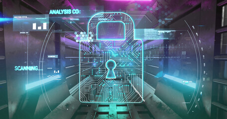 Image of security padlock over tunnel and digital interface