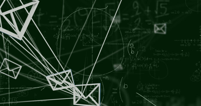 Image of network of connections with icons over mathematical equations on black background