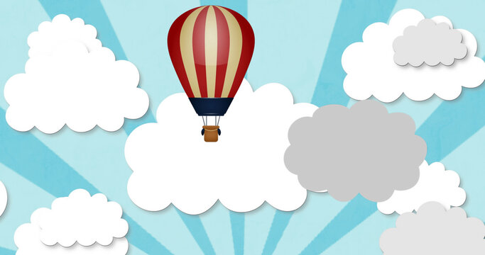 Image of balloon and clouds icons on blue striped background