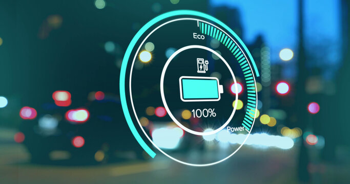 Image of interface with charging battery icon and speedometer over road - Powered by Adobe