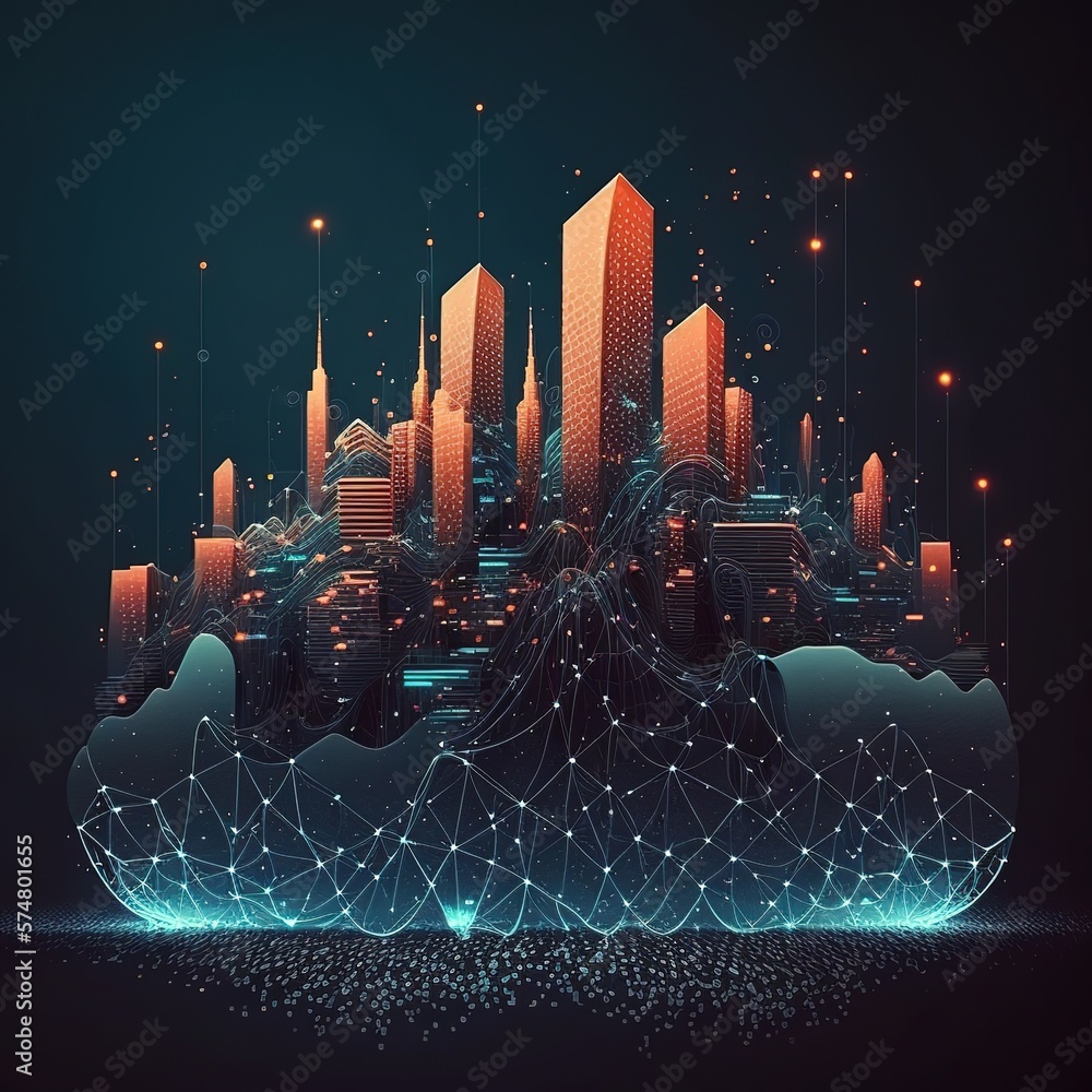Poster smart city link to gradient line and aesthetic concept of intricate wave line design and big data co