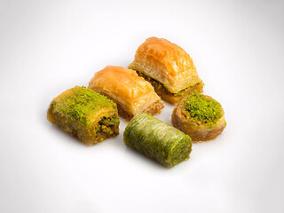 Baklava Varieties with Pistachio and Walnut White Background