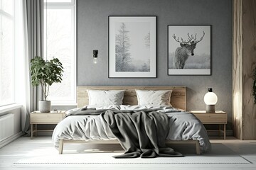 Interior of a minimalist bedroom with gray walls, a white king bed, and a bedside table. close up mock-up toned double-exposed image. Generative AI