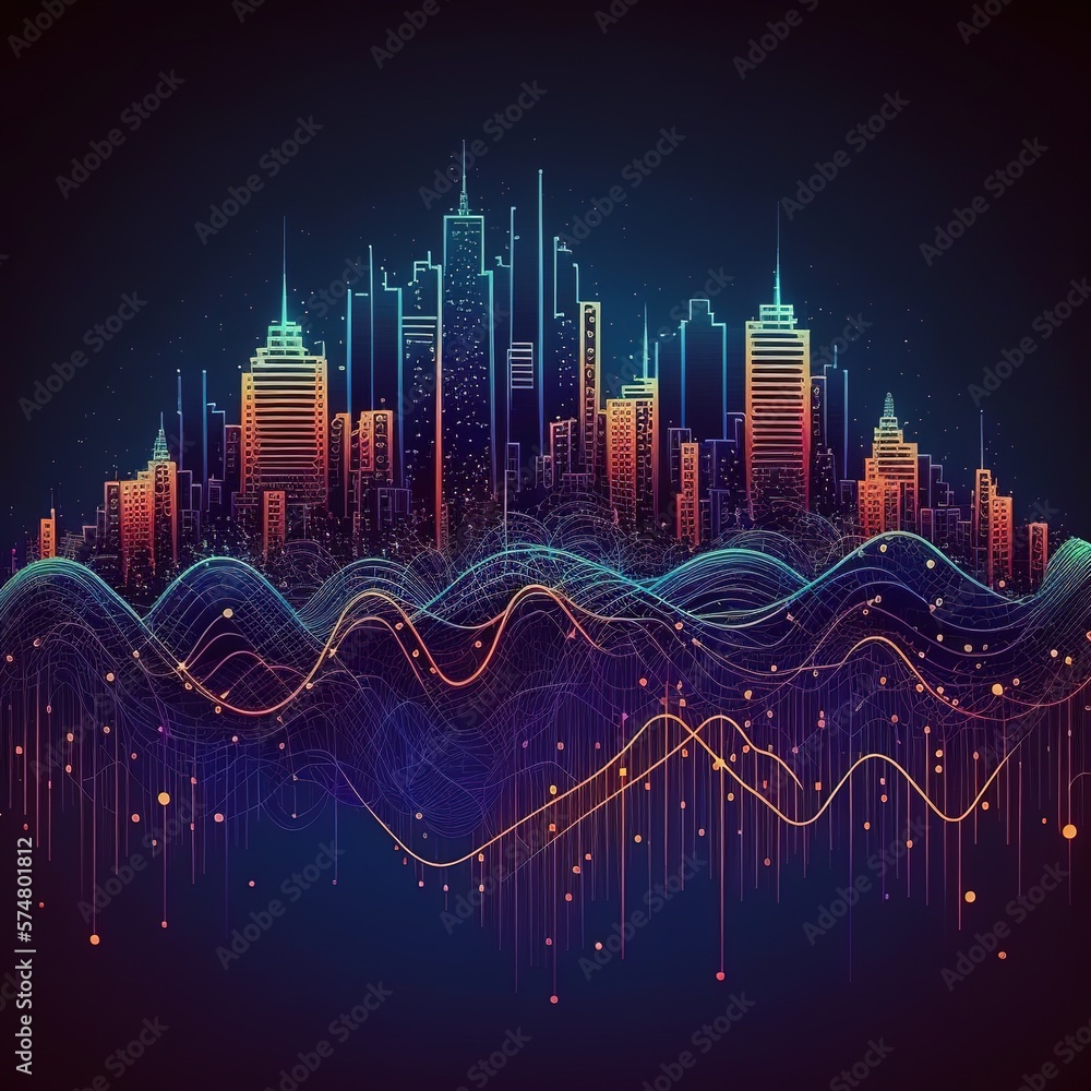 Poster smart city and abstract dot point connect with gradient line and aesthetic intricate wave line desig